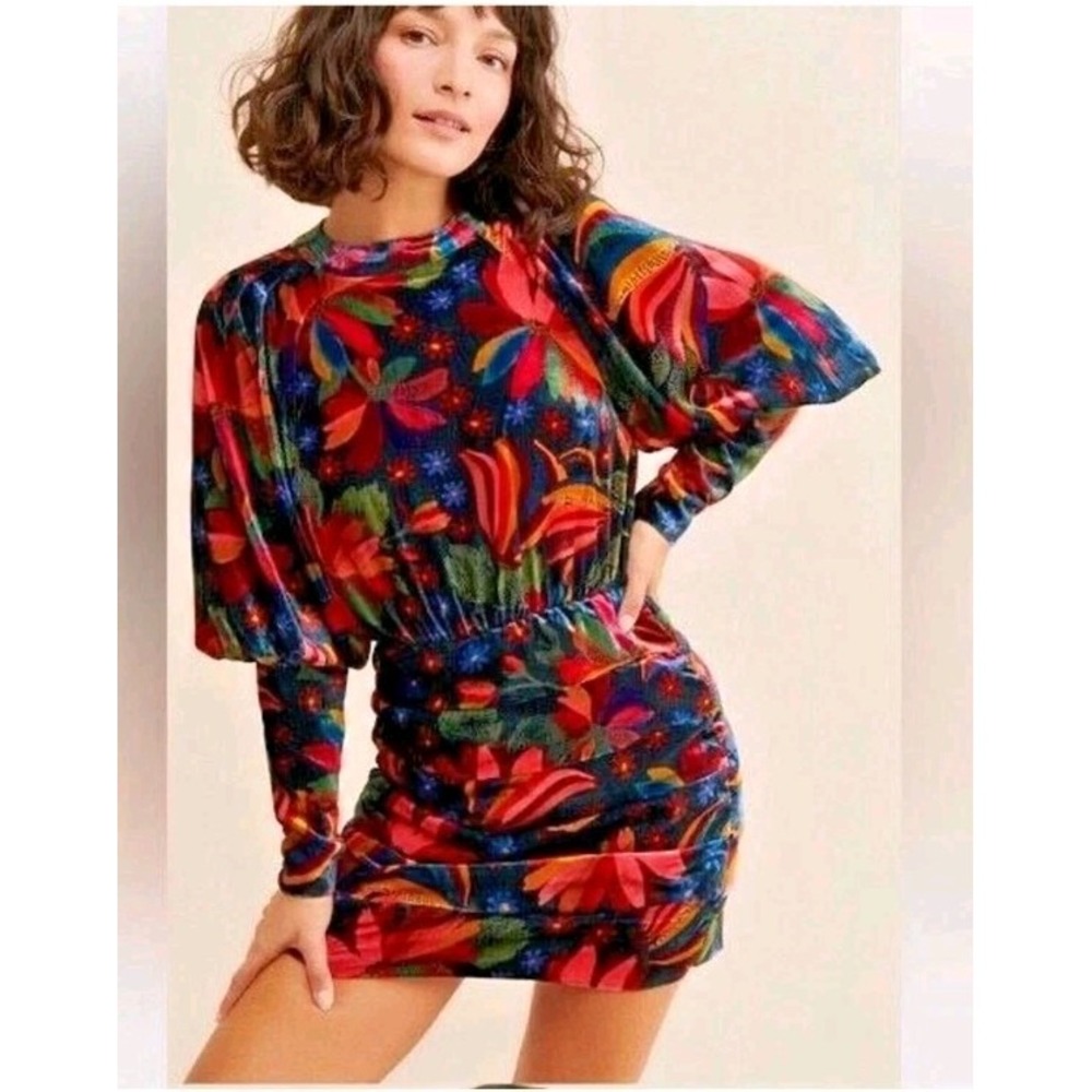 Farm Rio Velvet Mini Dress, Black Banana Sky, Puff Sleeve, XS, MRSP $295 V68